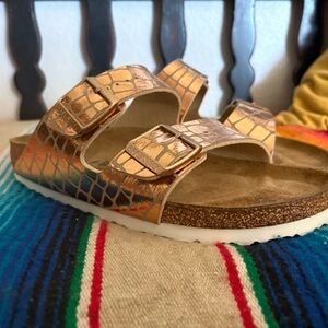 Birkenstock Gold Sandals with Cork Footbed and Adjustable Straps
